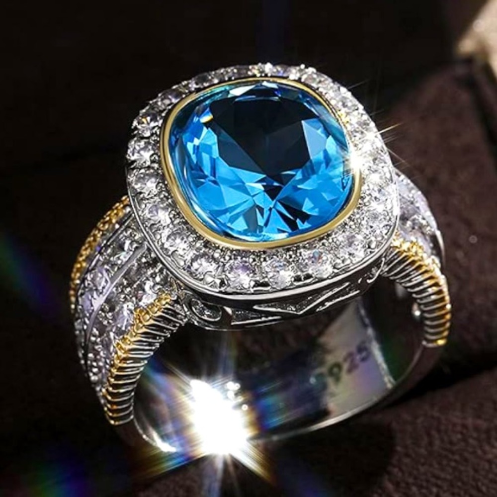 18K GOLD Aqua Blue Cubic Zirconia LUXURY Ring